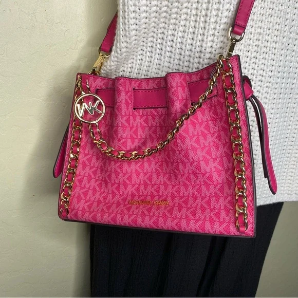 Michael Kors Mina Signature Logo Chain Pink Crossbody Shoulder Bag New - Picture 4 of 16